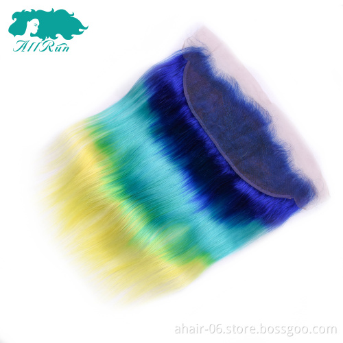 human hair color closure, Aliexpress hair closures ombre 3 tone yellow/blue/purple lace frontal
